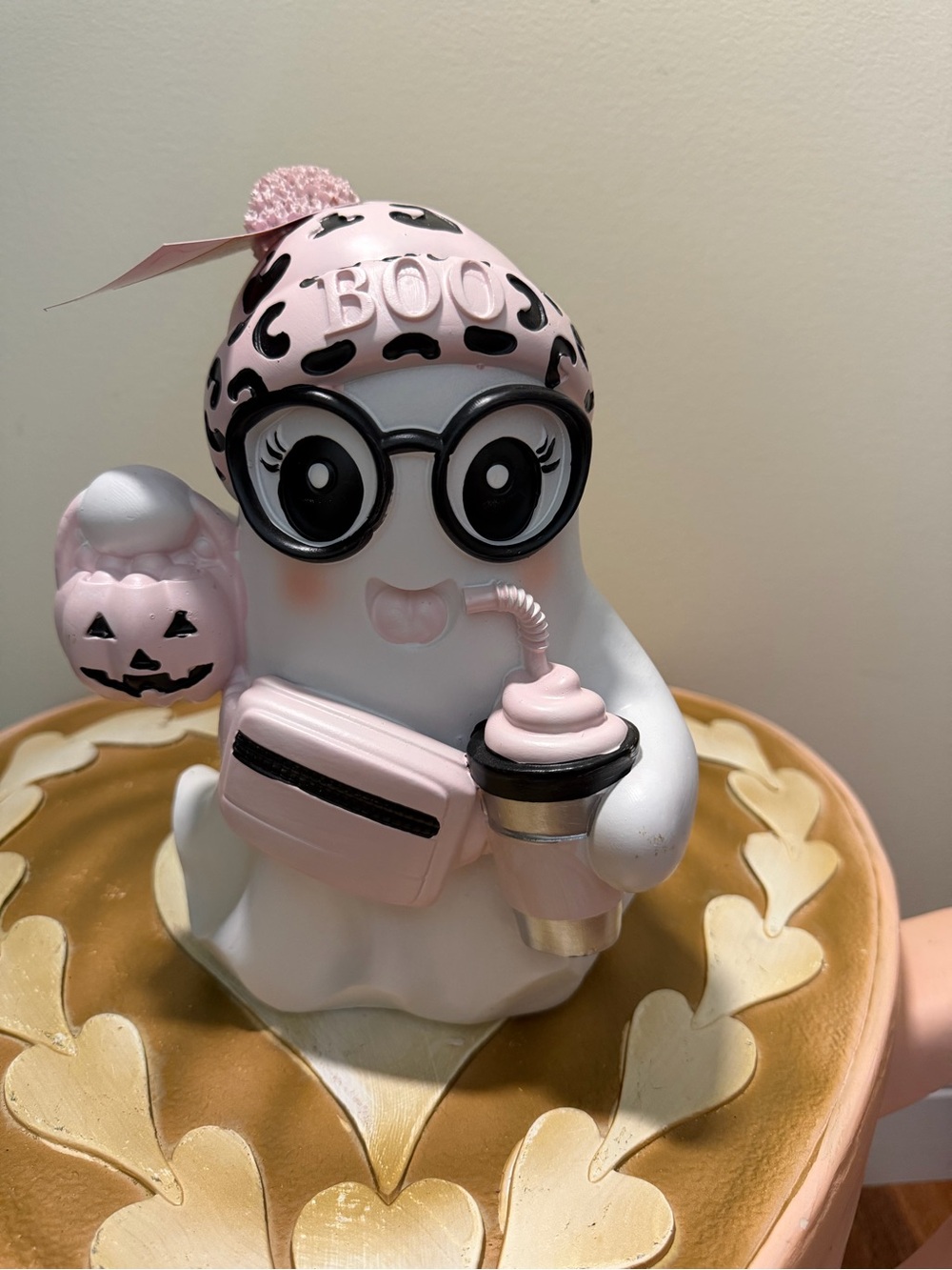Glamorous Ghouls Resin Halloween Ghost with Glasses & Cheetah Boo Toboggan